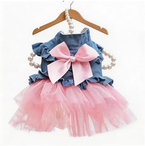 Dog Cat Denim Tutu Dress, Princess Puppy Kitten Outfit with Pearl Bow & Stand-Up Collar, Sleeveless Pet Clothes for Wedding Birthday Party, Easy Front Snap Closure for Chihuahua(Pink-Denim, X-Small)