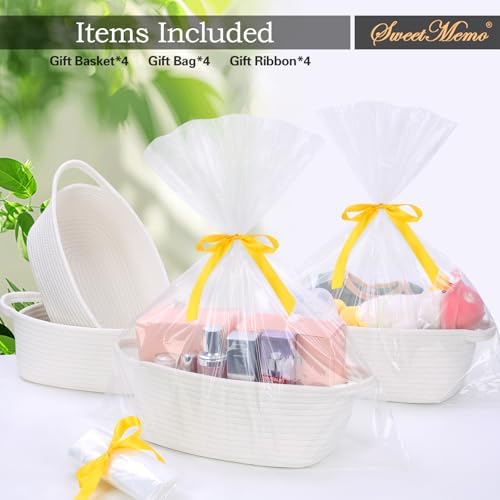 Gift Baskets Empty to Fill 4 Pack, 12x8x5 inch - Small Rectangular Woven Rope Bins for Baby Shower, Bathroom, Decor - With Gifting Wrap Bags & Ribbons - Reusable, Washable - White