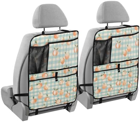 2 Pack Back Seat Car Organizer with Storage Pockets Kick Mats Back Seat Protector Hanging Car Organizer Automotive Seat Back Cover Organizers Peaches Plaid Vacation Style Blue
