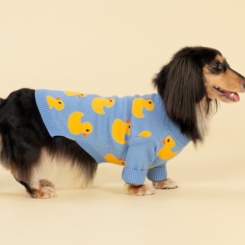 Fitwarm Funny Duck Dog Sweater, Thermal Dog Winter Clothes for Small Dogs Boy Girl, Pet Outfit, Blue, Yellow, Medium