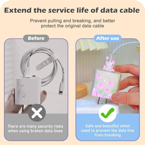 Cute DIY Cable Protector for iPhone Adapter Charger with Purple Tulips Flowers Design, Soft TPU Clear Cord Wire Saver Data Line Cable Case Charger Protector for iPhone 11 12 13 14 15 Pro Max