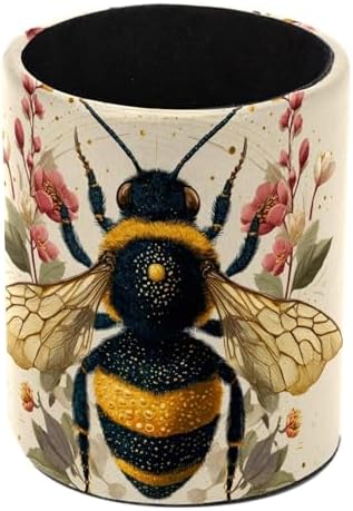 Faux Leather Pen Holder for Desk, Pencil Organizer Flower and Bee Pen Cup Desk Decor Makeup Brush Holder Storage for Office Home