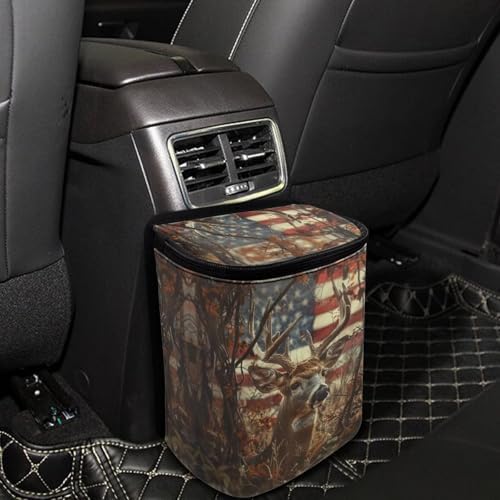 DISNIMO American Flag Camo Deer Car Trash Can with Lid Leak Proof Trash Bin Garbage Bag Collapsible Automatic Portable Trash Can Easy to Clean Used in Car Home Office
