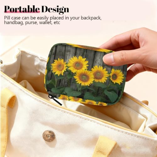 Travel Pill Organizer Wooden Sunflowers Small Pill Case
