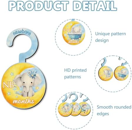 Baby Clothes Dividers for Closet - Set of 8 Wooden Baby Size Closet Dividers Newborn to 24 Months, Newborn Organizer for Boys & Girls - Adorable Moon Elephant Baby Nursery Decor Kit New Parents Gifts