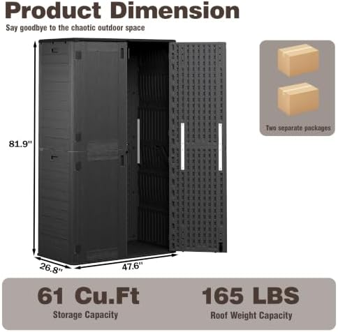 Tall Vertical Storage Cabinet with Floor & Lockable Double Doors, 61 Cuft Weather-Resistant Thickened Outdoor Resin Storage Shed for Patio, Garden and Garage, Black