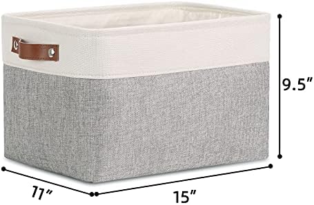 DULLEMELO Collapsible Rectangle Storage Basket for Shelves/Closets - Organize Clothes, Toys, Towels, Books, Laundry, Nursery, Dog Toys - Empty (White & Gray)