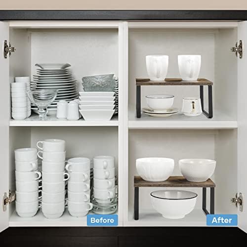 MOOACE Kitchen Counter Shelf, Stackable Cabinet Shelf Organizers Expandable Countertop Shelf for Pantry - Set of 4 - Brown | Stackable & Expandable Spice Rack, Space-Saving Pantry Organizers Bathroom Countertop Storage, Rustic Brown