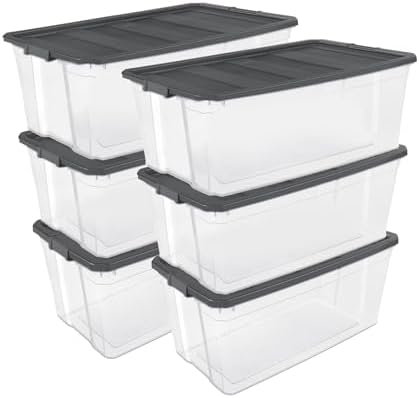 Sterilite 6-Pack Modular Stacker Box, Durable Clear Plastic Storage Bins with Latching Lids, 200 Quart - Stackable Organizing Container Boxes for Closet, Bathroom, and Office