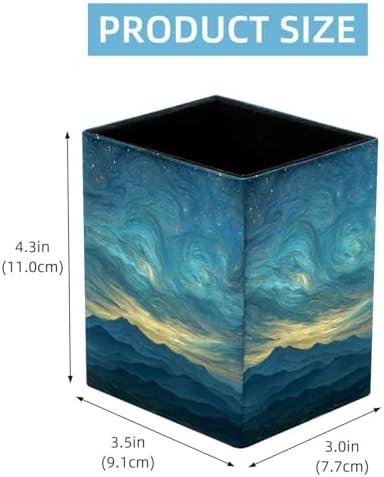 Mountain and Starry Sky Pen Holder for Desk Decor, Rectangular PVC Leather Pencil Cup for Desk Pen Organizer, Makeup Brush Holder for School, Home, Office
