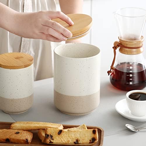 vancasso Sabine Ceramic Canister with Airtight Wood Lid - 36 oz Kitchen Storage Container for Coffee, Tea, Sugar, Nuts & Spices - Medium Countertop Jar