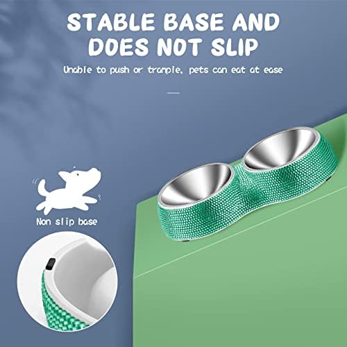 Dog Bowls Water and Food Bowls Stainless Steel with Non-Slip Resin Station and Bling Rhinestones, Pet Feeder Bowls for Puppy Medium Dogs Cats Puppy Pets (Green, Double)