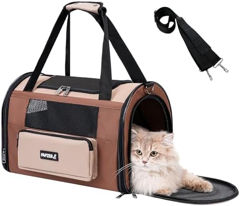 Collapsible Small Pet Carrier for Cat 15 lbs with Fashion Pocket Travel Bag | Lightweight Sturdy Little Puppy Dog Carry Crate, Breathable Stylish Kitten Soft Cage Kennel, Portable Yorkie Box Khaki