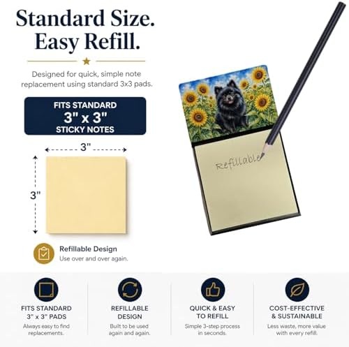 Caroline's Treasures Pomeranian in Sunflowers Watercolor Sticky Note Holder Refillable Dispenser Desk Accessory 3x3 Pad Gift
