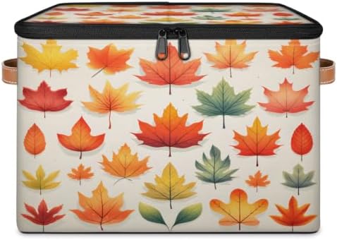 Fall Collapsible Fabric Storage Bin with Zipper Lid | Storage Basket, Foldable, Waterproof, Handle, Large, Closet Organizer, Home, Fall Maple Leaves