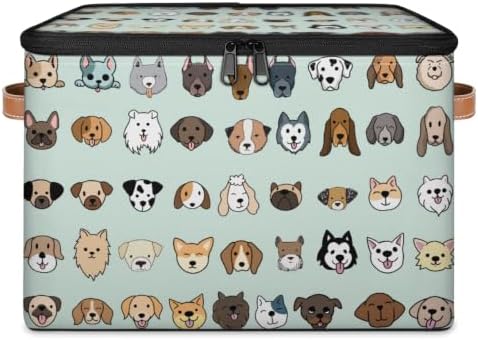 Cute Dogs Collapsible Fabric Storage Bin with Lid | Storage Basket, Foldable, Waterproof, Handle, Large, Closet Organizer, Home, Cartoon Dogs