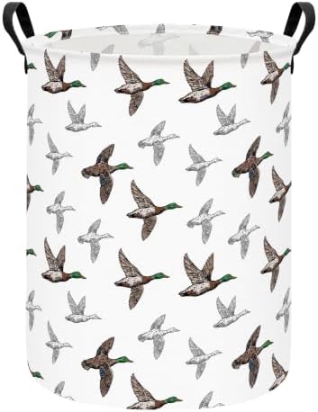 Round Laundry Basket Collapsible Storage Hamper Organizer Mallard Duck | Waterproof Canvas Foldable Baskets with sturdy Handles Multi-scene Organizer for Home Play Bedroom Gift Bin