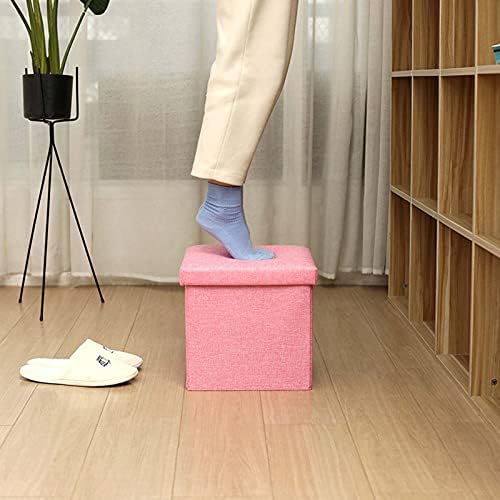 Storage Ottoman Bench 38x38x38cm Small Footstool with Linen Fabric Removable Lid Perfect for Living Room Dorm Office Portable and Stylish Foot Rest for Couch or Desk Ideal for Pet Owners