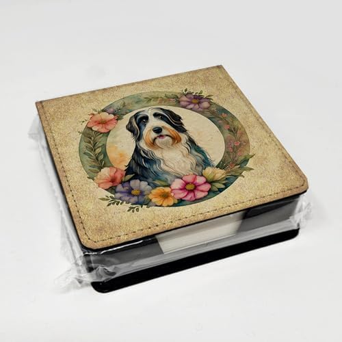 Caroline's Treasures Bearded Collie and Flowers PU Leather Note Paper Holder with Artist-Designed Cover, Desk Accessory, Office Gift