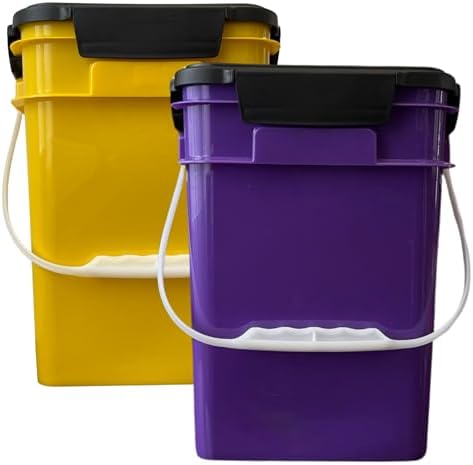 House Naturals 4 Gallon Square Food Grade Plastic Bucket with Lid, Made in USA (Pack of 2) BPA Free (Yellow/Purple)