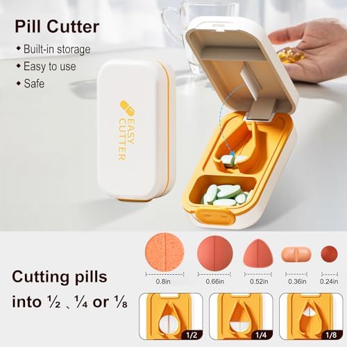Pill Cutter | Pill Splitter for Small Large Pills | Design in The USA| Cuts Vitamins |- Adjustable Splitter+V-Shape Holder & Detachable Pad, Easy to Clean, Safe for Seniors, Kids, Pets Orange