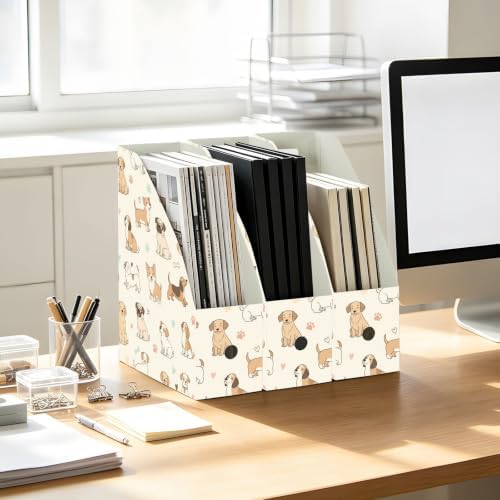 SPRIPORT Cartoon Pets Dogs Paw Pattern Water Resistant PP Magazine File Holder Organizer for Desk, Foldable Storage Rack for Library School Office Document Sorter with Labels 23x30x10cm (3 Pack)