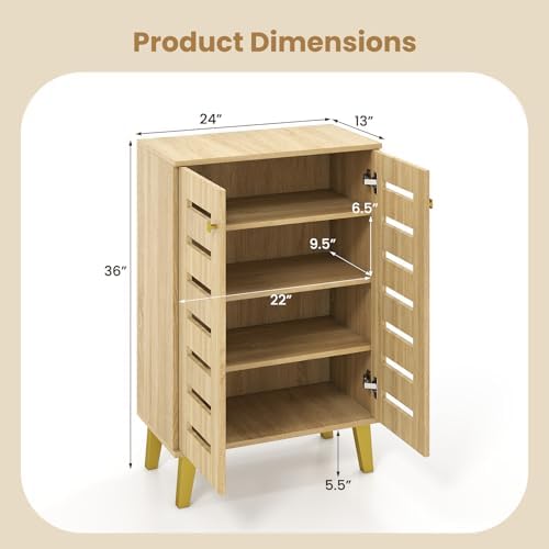 GIANTEX Shoe Cabinet with Doors, Modern Wooden Narrow Shoe Storage Cabinet | 4-Tier Freestanding Shoe Rack Cabinet with Ventilated Slatted Doors & Adjustable Shelves for Entryway, Hallway, Closet
