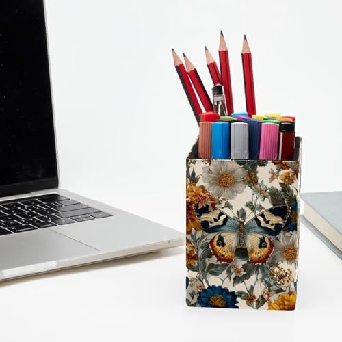 Retro Butterfly Pen Holder for Desk Decor, Rectangular PVC Leather Pencil Cup for Desk Pen Organizer, Makeup Brush Holder for School, Home, Office