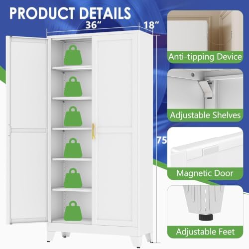 75" Metal Garage Storage Cabinet with 2 Doors and 5 Adjustable Shelves,Metal Storage Cabinets,Steel Tool Cabinets for Home,Office,Garage,Warehouse (White, 75''H x 36''W x 18''D)