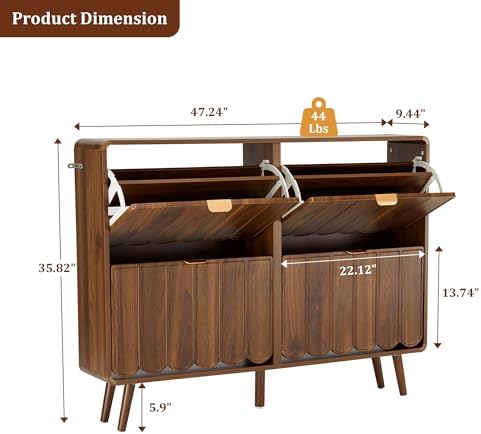 ORRD Shoe Storage Cabinet for Entryway with 4 Flip Drawers, Freestanding Narrow Wood Shoe Cabinet with Wave Panel, Hidden Shoe Organizer for Foyer, Hallway (Walnut)