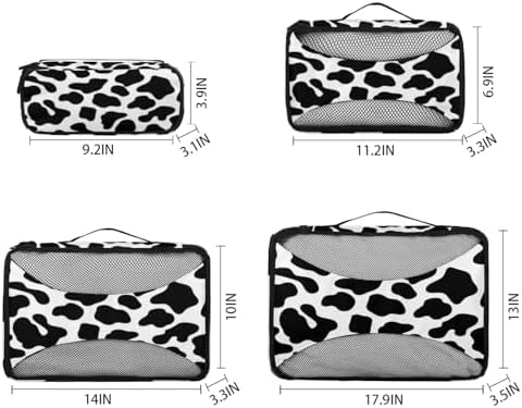 Cow Print 4 Set Packing Cubes Luggage Organizer Bags for Travel Accessories and Essentials, Black Cow Print