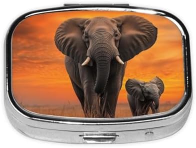 Pill Box 2 Compartment Medicine Pill Case for Pocket or Purse Mini Metal Pill Holder Cute Wild Elephant Pill Case Vitamin Organizer Portable Travel Pill Container to Hold Supplements Vitamins