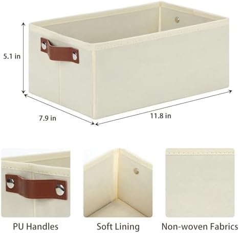 DULLEMELO Fabric Storage Bin with PU Handles, Decorative Basket and Organizer, Collapsible Bin for Toy and Clothes Storage (Light Beige, 11.8L*7.9W*5.1H)