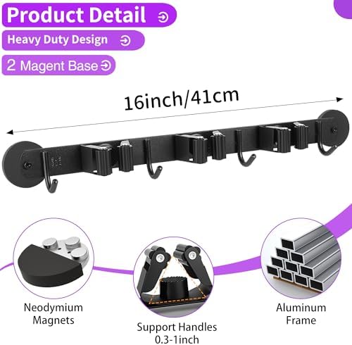 Magnetic Broom Holder Wall Mount - Heavy Duty Non-Slip Mop Hanger with 4 Hooks And 3 Rack, No Drill Tool Organizer for Refrigerator,Garage,Laundry Room (Black, 3Racks 4Hooks)