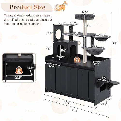 50.6 Inch Cat Tree with Litter Box Enclosure and Storage, Black | Hidden Litter Box Cabinet with Multi-Level Platforms, Dual Hammocks, Sisal Scratching Posts, Condo and Top Perch for Play