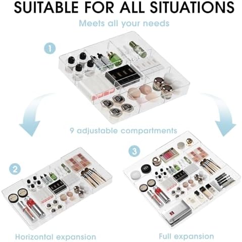 Expandable Makeup Drawer Organizer, Clear Silverware Drawer Organizer Tray.