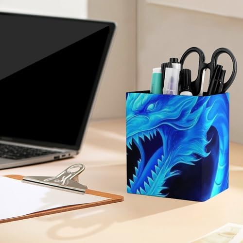 Fashion Office Pen Holder Unisex Durable Desktop Storage For Stationery & Tools Blue Fire Flame Dragon