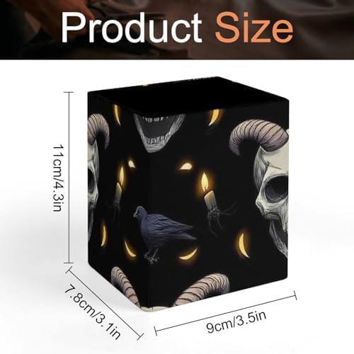 Women's Makeup Brush Cup Desktop Stationery Organizer Goth Raven Skull Goat Leather Pen Holder