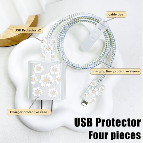 Cute Flowers Cable Protector for iPhone Adapter Charger Pretty White Camellia Design, Soft TPU Clear Cord Wire Saver Data Line Cable Case Charger Protector for iPhone 11 12 13 14 15 Pro Max Plus