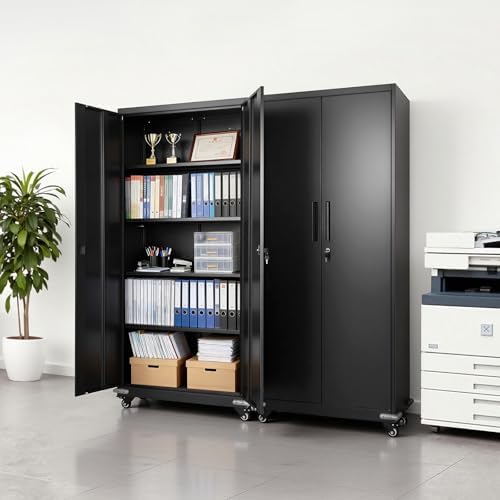 VEVOR Metal Storage Cabinet, 72.6 in Rolling Steel Garage Cabinet with 4 Adjustable Shelves, 2 Magnetic Doors & 2 Keys, 5 Tiers Lockable Tool Storage for Pantry, Warehouse, Basement, Office, Black