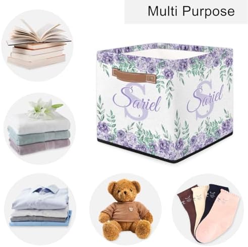 Customized Storage-Basket Collapsible Baby Keepsake-Box Flower Purple Organizer-Bins as Gifts for Girls Boys Baby Adults Cubes Storage-Box Print Name on It