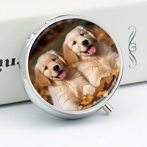 Golden Retriever Dogs Puppies Pets Pill Box Cute Round Pill Case Portable Medicine Tablet Vitamin Holder Organizer for Purse Pocket