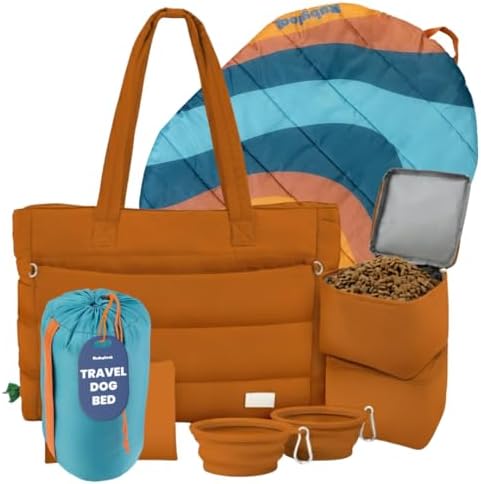 rubyloo Dog Mom Bundle - Puffer Tote with Storage Containers (Rust) and Travel Dog Bed Large (42”x30”) (Sunset Surf Teal) - Travel Bag and Portable Outdoor Bed Set