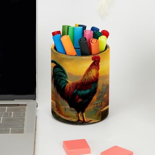 Faux Leather Pen Holder for Desk, Pencil Organizer Rooster Pen Cup Desk Decor Makeup Brush Holder Storage for Office Home