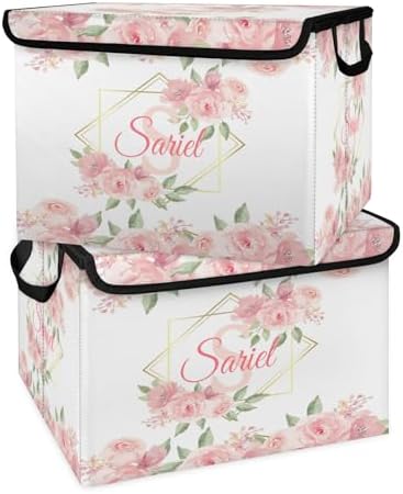 Pink Floral Storage Bin with Lid Personalized Storage Baskets for Organizing Foldable Closet Organizers with Handles,Cute Basket for Boys Girls for Clothes Blanket Pet Dog Toy Basket Storage (2 Pack)