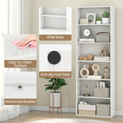 Giantex 6-Tier Bookcase, 70" Tall Wooden Bookshelf, Freestanding Storage Organizer w/Open Shelves, Anti-Tipping Kits, Modern Floor Standing Display Shelves for Living Room, Bedroom (1,White)