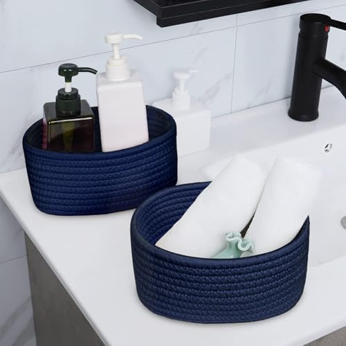 ABenkle 【2 Pack】 Small Woven Baskets, Tiny Oval Shallow Storage Baskets, Mini Cotton Rope Empty Decorative Basket, Boho Little Organizer Bins for Bathroom, Cat Dog Toy Gifts Basket