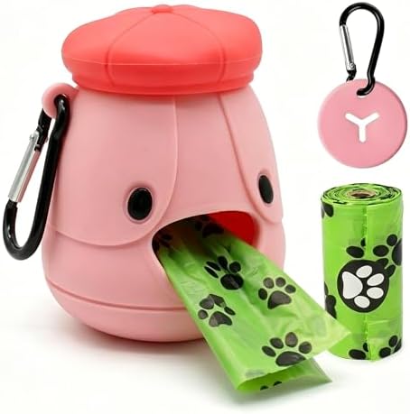 Dog Poop Bag Holder with Hands-Free Used Bag Clip & 1 Roll Bags | Cute silicone design with leash attachment and hands-free clip, making dog walking cleaner and more convenient outdoors