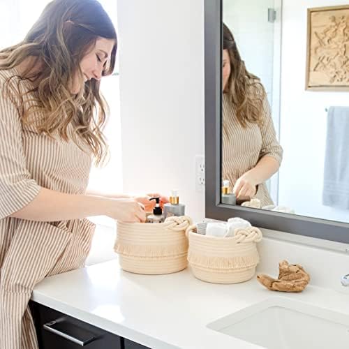 NaturalCozy 3-Piece Boho Decor Storage Basket Set – Cotton Rope Woven Baskets for Organizing! Small Basket for Baby Stuff, Baby Shower, Gift Basket, Nursery Basket, Planter, Toy Basket, Shelves