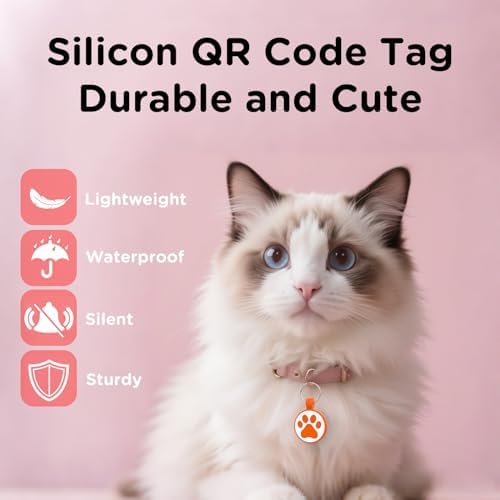 QR Code Cat Tag, Modifiable Pet Online Profile Display Page, Multiple Emergency Contact, Silicone, No Jinging, Collar Accessories, Personalized Cat Tag (Small Breeds - 1", Orange)